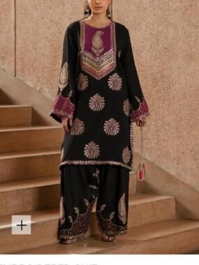 Embroidered Black Tunic Set with Magenta Accents